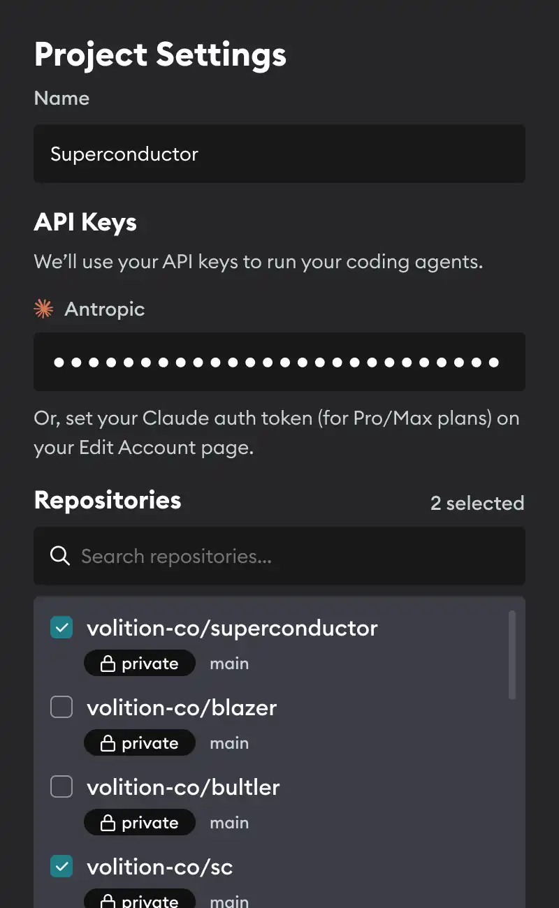 Desktop interface showing repository and API key connection settings