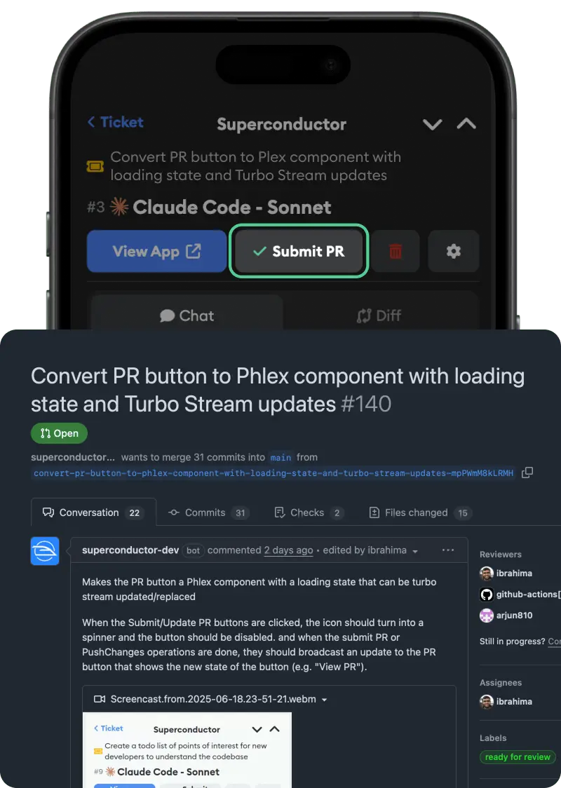 Desktop GitHub pull request creation interface showing one-click PR submission